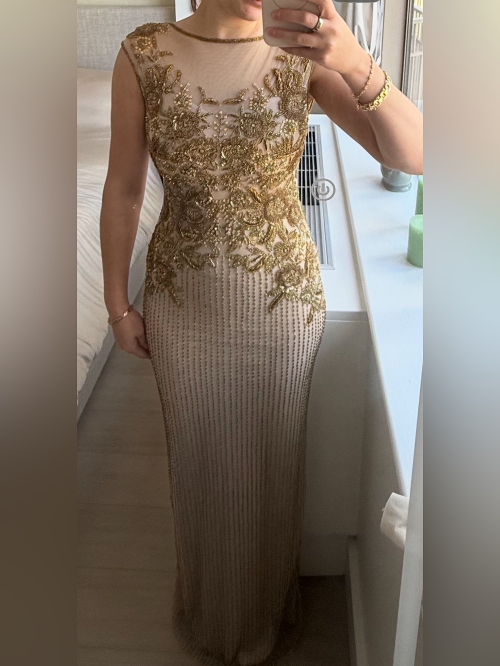 Sleeveless Nude Evening Gown with Gold Embellishment Parker black label